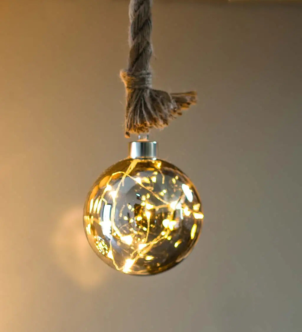 VivaTerra Glass Ball Light with Hanging Jute Rope, Small