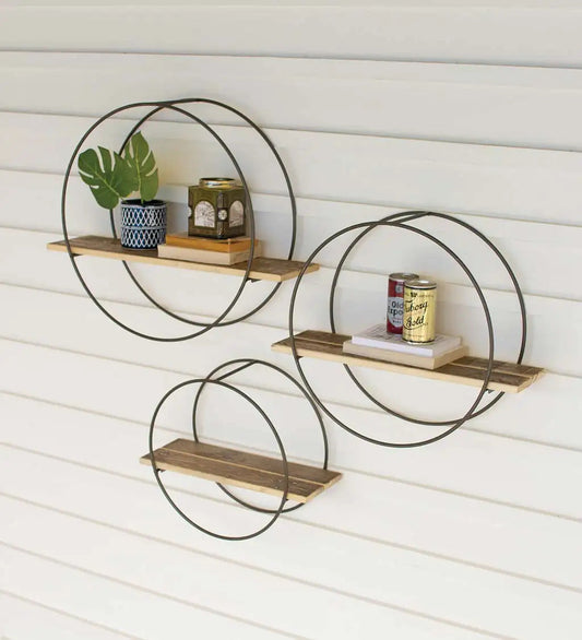 VivaTerra Recycled Wooden Shelves with Round Metal Frames, Set of 3