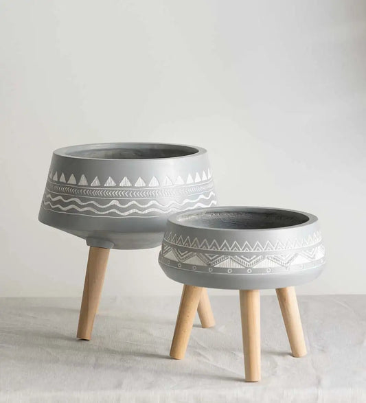 VivaTerra Aztec Tri-Leg Gray Planters, Set of 2