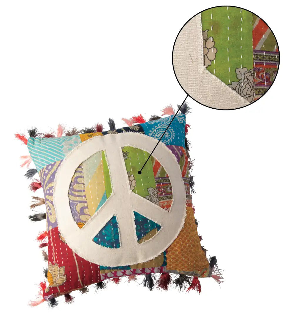 VivaTerra Kantha Fringe Tassel Peace Pillow, 15"Sq.