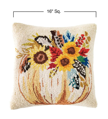 VivaTerra Pumpkin and Feathers Hand-Hooked Wool Decorative Throw Pillow, 16"Sq.