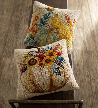 VivaTerra Pumpkin and Feathers Hand-Hooked Wool Decorative Throw Pillow, 16"Sq.