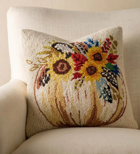 VivaTerra Pumpkin and Feathers Hand-Hooked Wool Decorative Throw Pillow, 16"Sq.