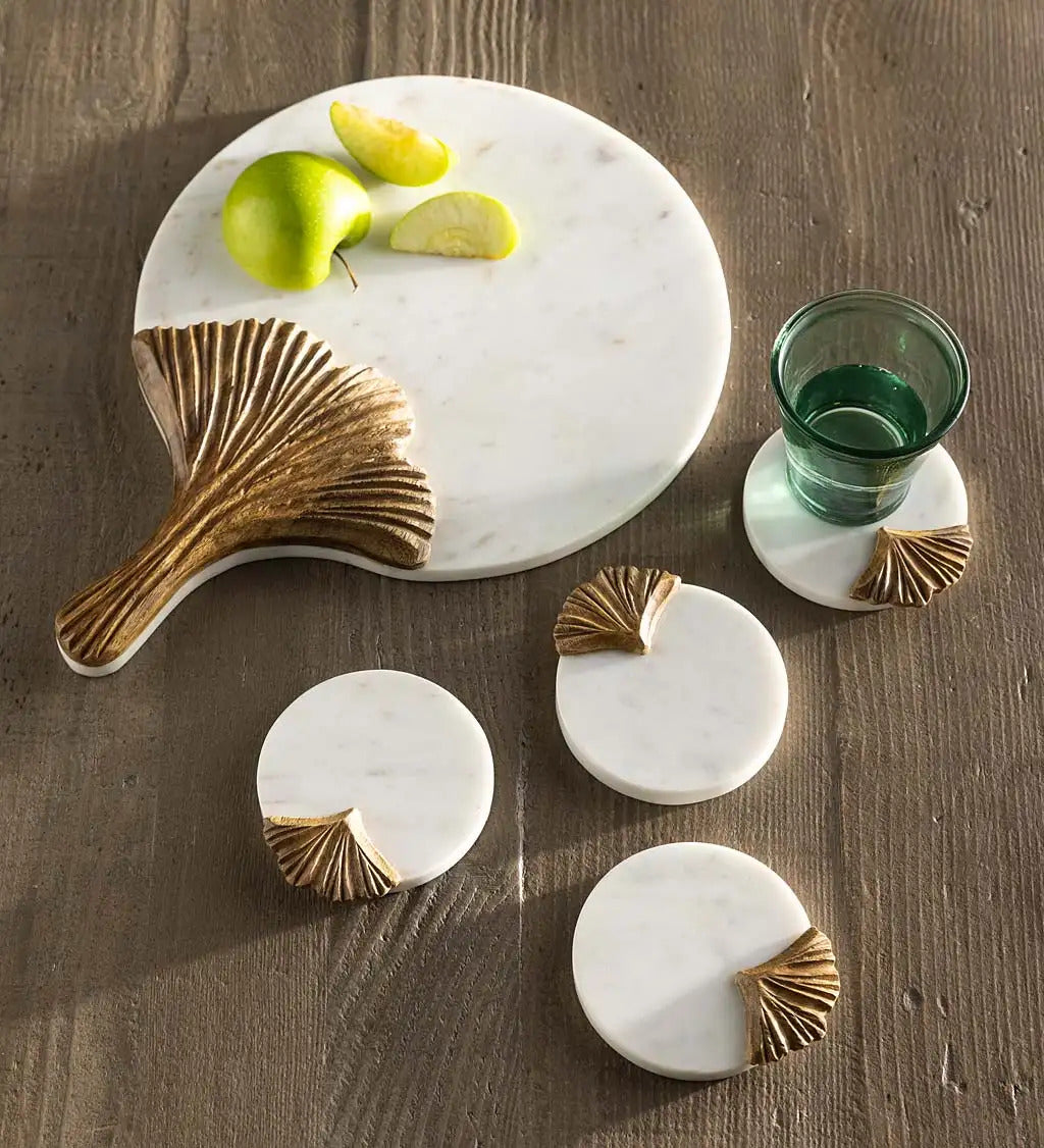 VivaTerra Ginkgo Leaf Marble and Wood Serving Tray