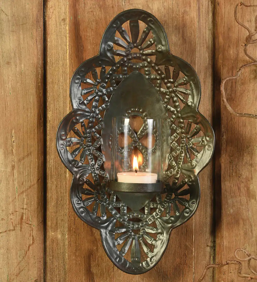 VivaTerra Sala Iron Wall Sconce with Glass Hurricane - Black