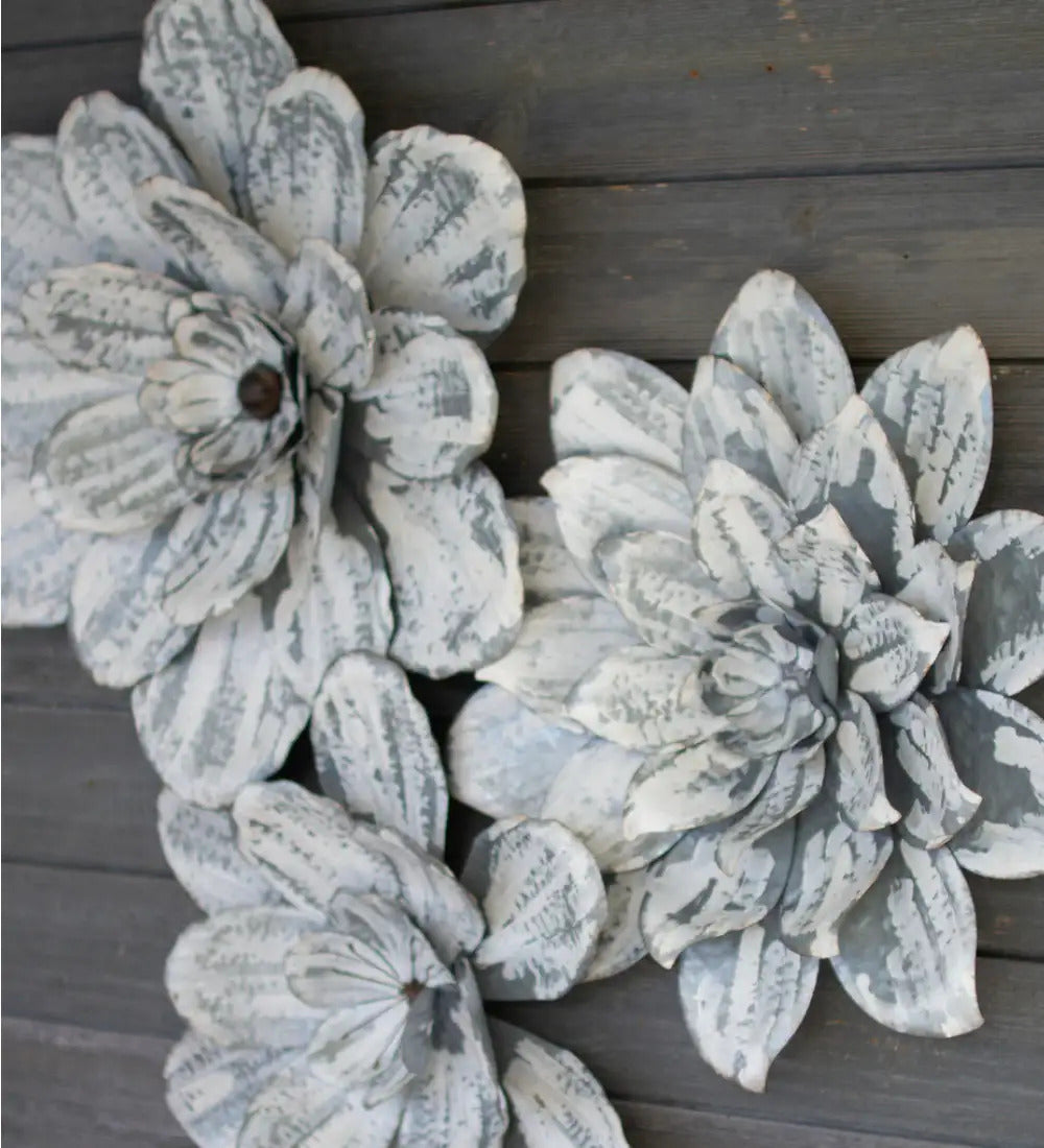 VivaTerra Whitewashed Metal Wall Flowers, Set of 3