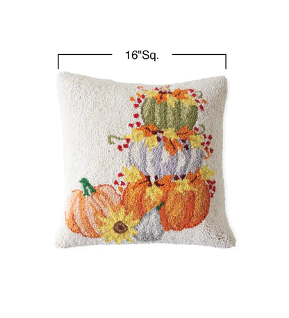 VivaTerra Pumpkin Cairn Hand-Hooked Wool Decorative Throw Pillow, 16"Sq.