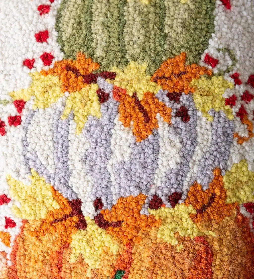 VivaTerra Pumpkin Cairn Hand-Hooked Wool Decorative Throw Pillow, 16"Sq.