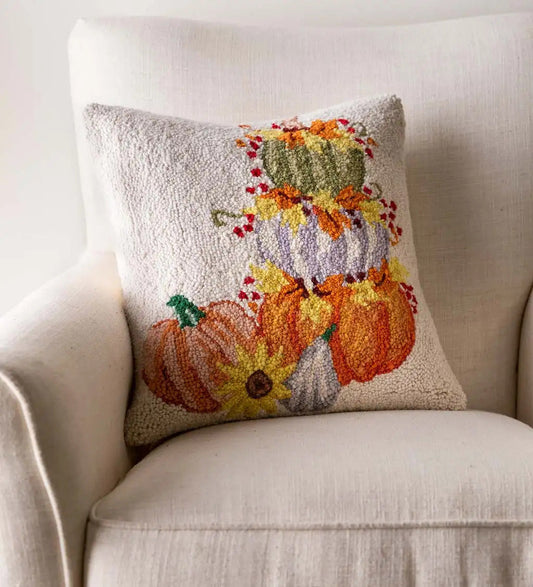 VivaTerra Pumpkin Cairn Hand-Hooked Wool Decorative Throw Pillow, 16"Sq.