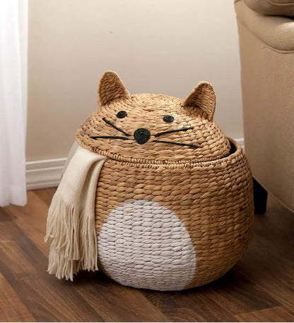 VivaTerra Woven Cat-Shaped Storage Basket with Lid