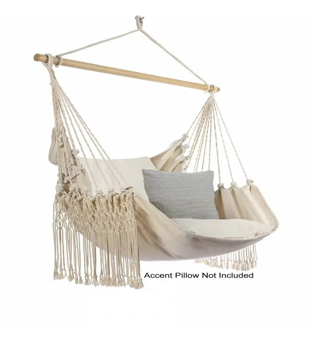 VivaTerra Natural Cotton Fringe Hammock Swing Chair with Pillows