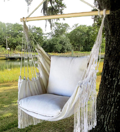 VivaTerra Natural Cotton Fringe Hammock Swing Chair with Pillows