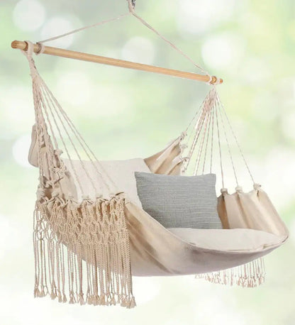 VivaTerra Natural Cotton Fringe Hammock Swing Chair with Pillows