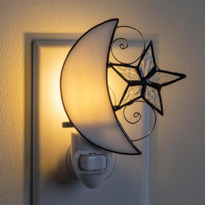 VivaTerra Handcrafted Stained Glass Moon and Star Night Light