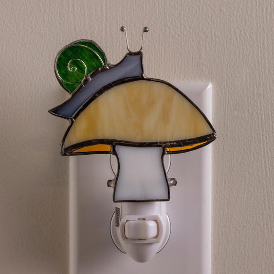 VivaTerra Handcrafted Stained Glass Snail and Mushroom Night Light - Off White