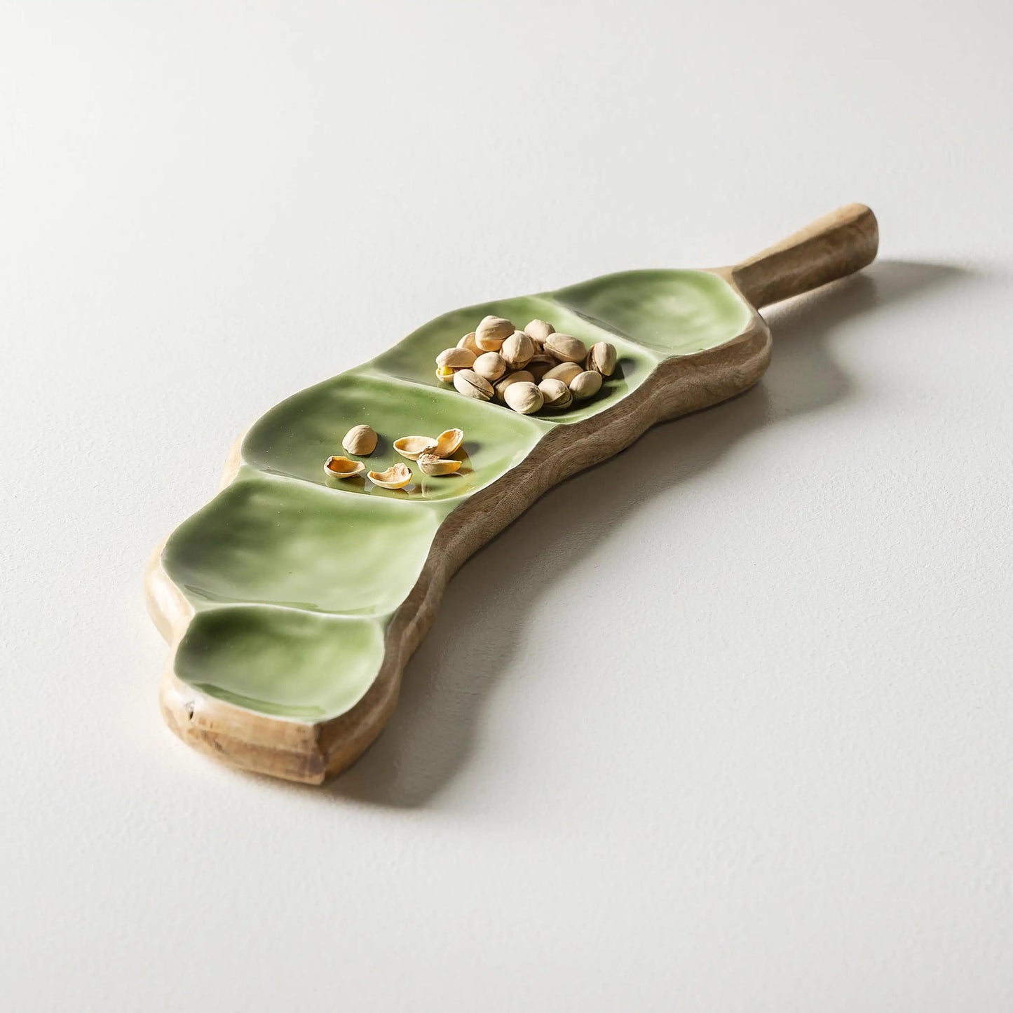 VivaTerra Mango Wood and Enamel Peapod Shaped Tray