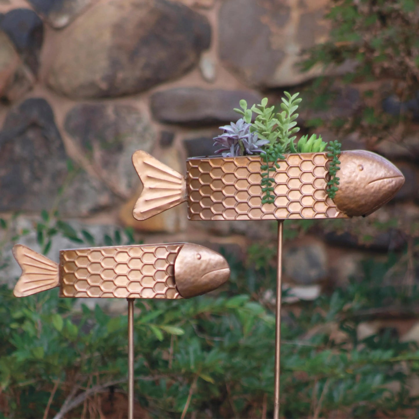 VivaTerra Metal Fish Planter Yard Stakes, Set of 2