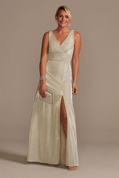 David's Bridal Women's Metallic A-Line Tank Gown with Slit Skirt