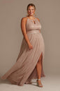 David's Bridal Women's Plus Size Pleated Long Halter Dress with Keyhole