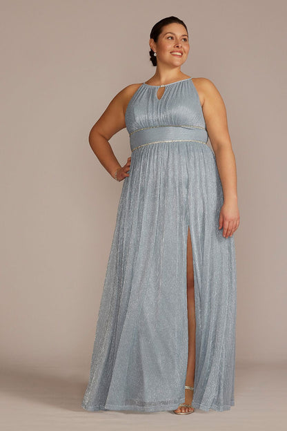 David's Bridal Women's Plus Size Pleated Long Halter Dress with Keyhole