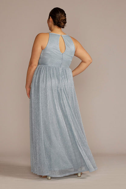 David's Bridal Women's Plus Size Pleated Long Halter Dress with Keyhole