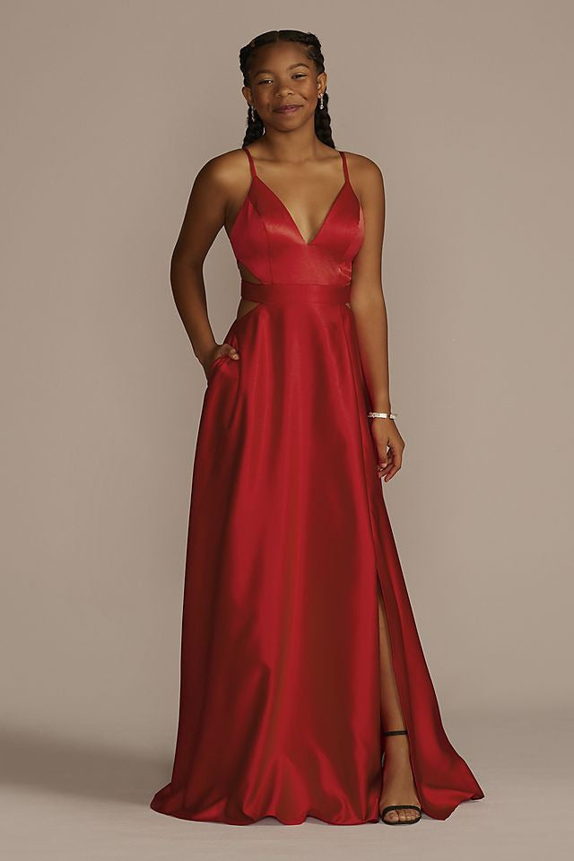 David's Bridal Women's Satin A-Line Prom Dress with Cutouts