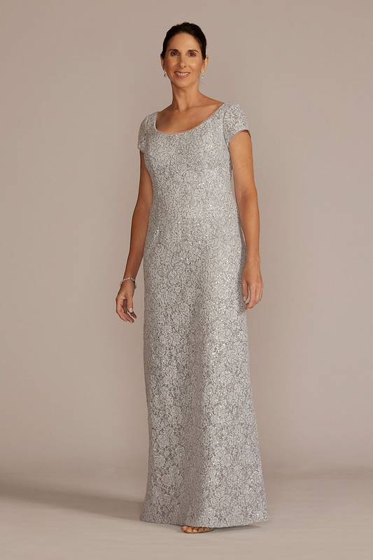 David's Bridal Women's Short Sleeve Sequin Lace Sheath Gown