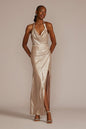 David's Bridal Women's Metallic Halter Cowl Neck Sheath with Slit