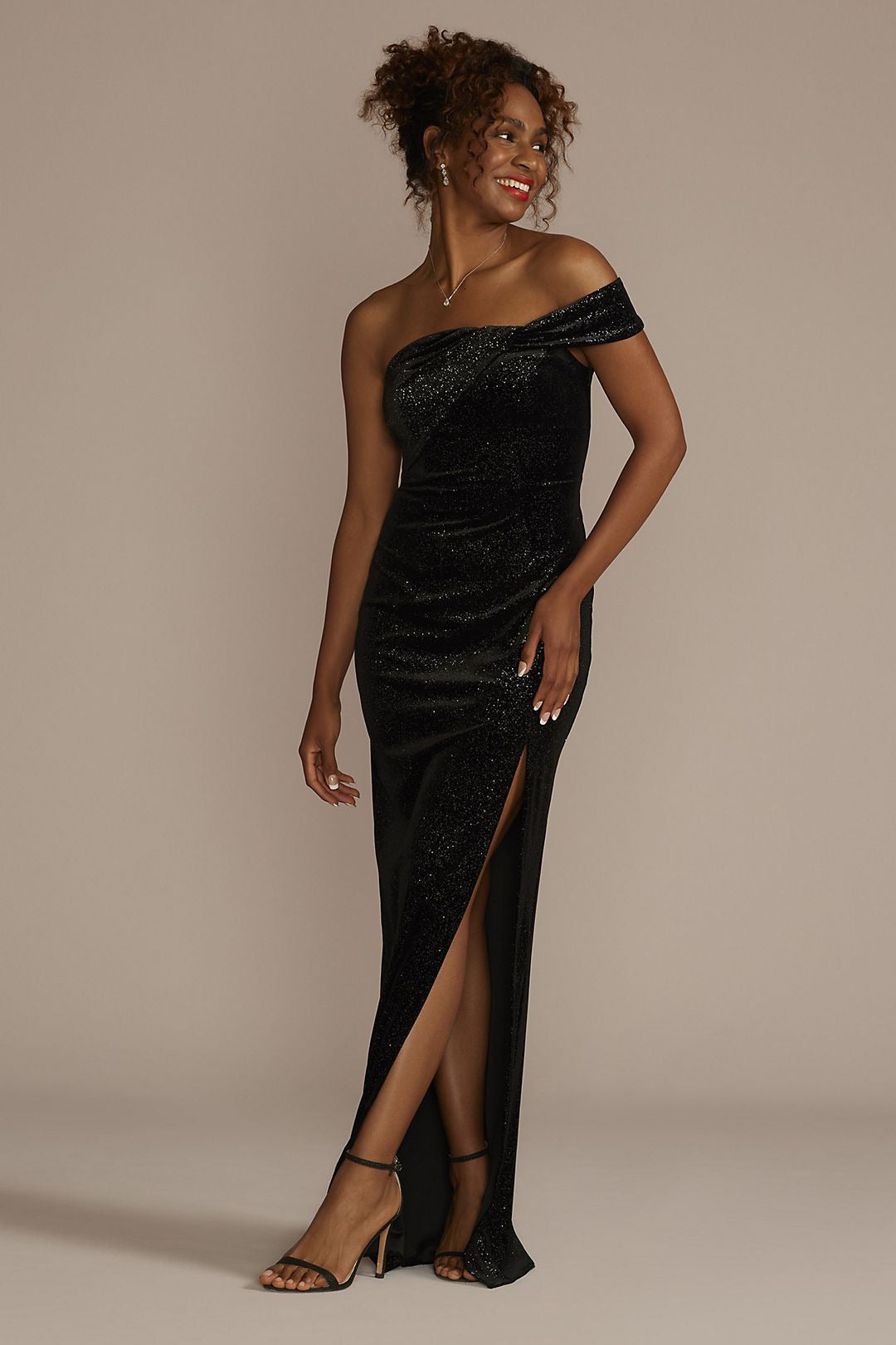 David's Bridal Women's One-Shoulder Sparkle Velvet Sheath with Slit