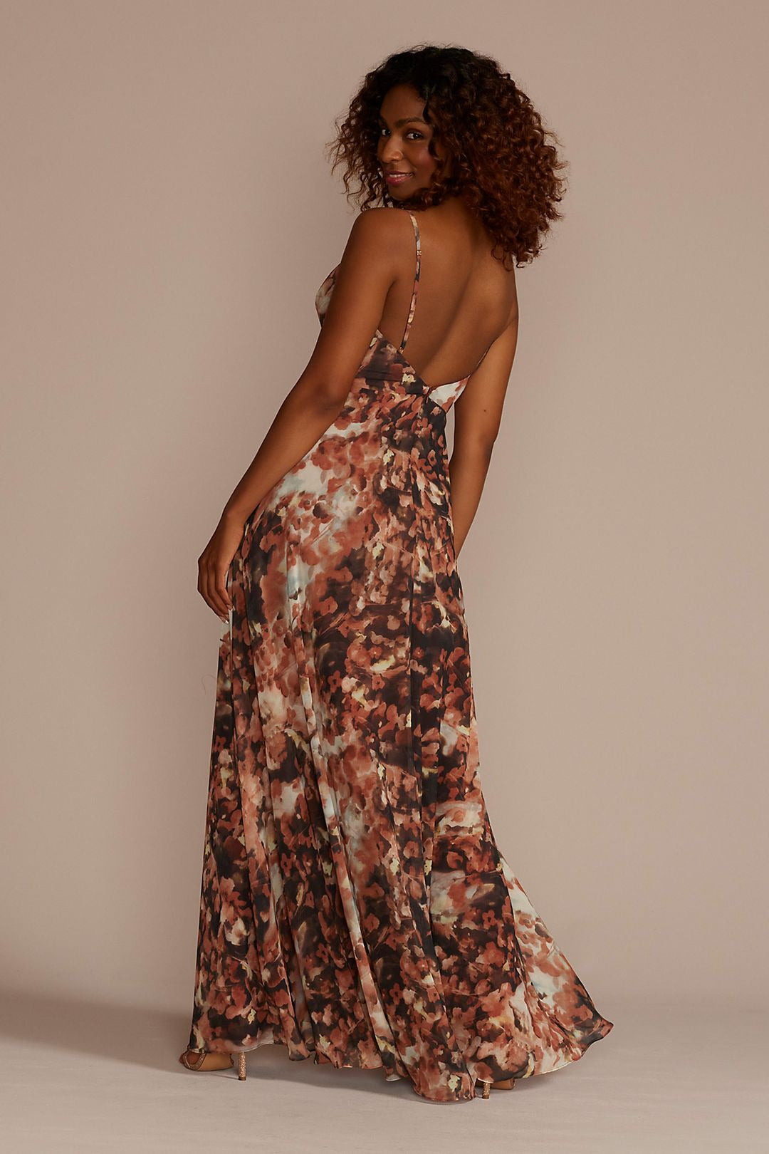 David's Bridal Women's V-Neck Printed Maxi Dress with Slit