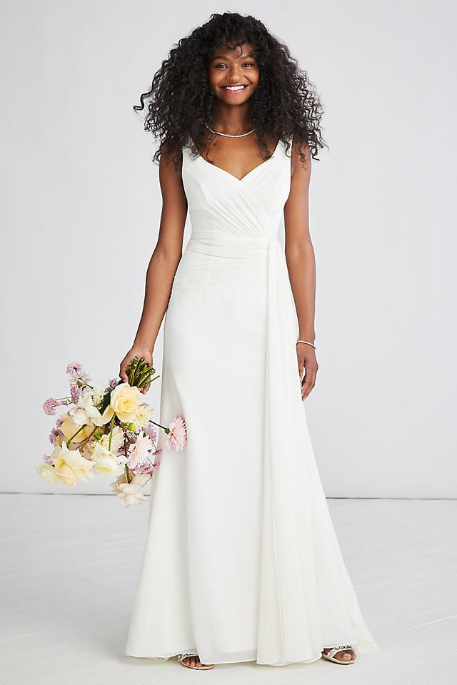 David's Bridal Women's Pleated Chiffon V-Neck Tank A-Line Wedding Dress - Missy