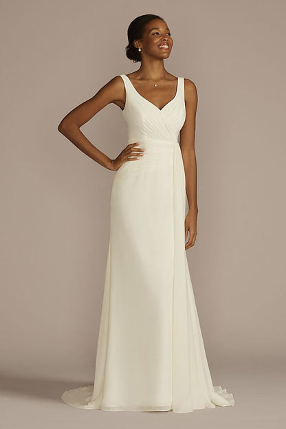 David's Bridal Women's Pleated Chiffon V-Neck Tank A-Line Wedding Dress - Missy