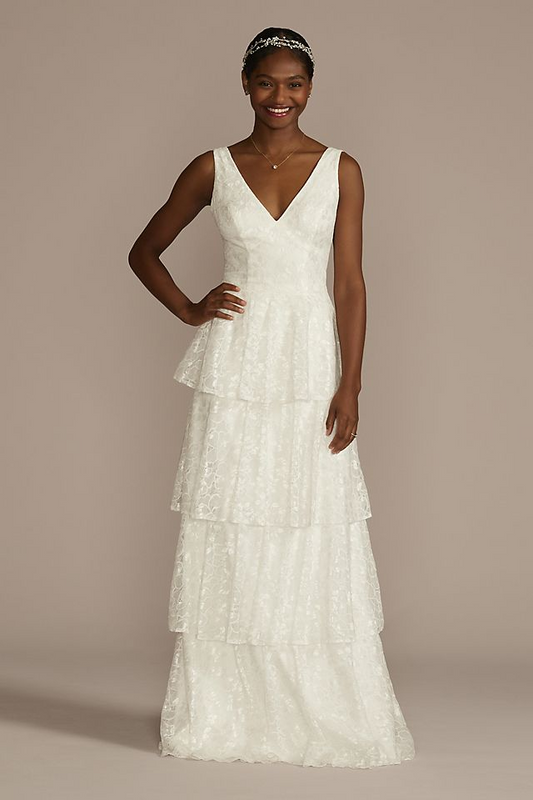 David's Bridal Women's V-Neck Tiered Lace Tank Wedding Dress- Missy