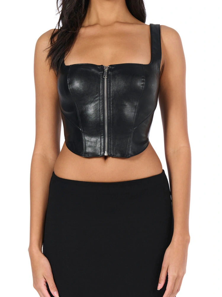 Naked Wardrobe Women's Vegan Leather Zip Up Corset Top