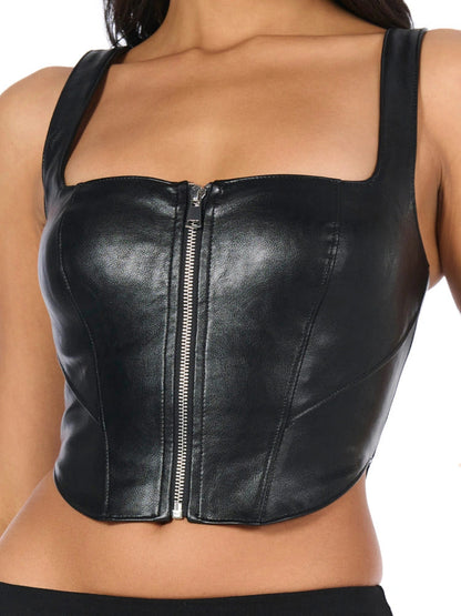 Naked Wardrobe Women's Vegan Leather Zip Up Corset Top