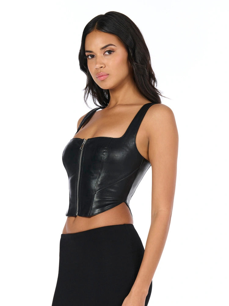 Naked Wardrobe Women's Vegan Leather Zip Up Corset Top