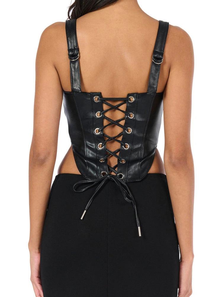 Naked Wardrobe Women's Vegan Leather Zip Up Corset Top