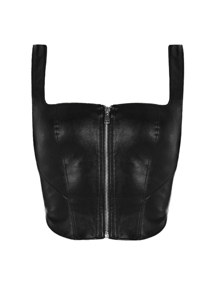 Naked Wardrobe Women's Vegan Leather Zip Up Corset Top